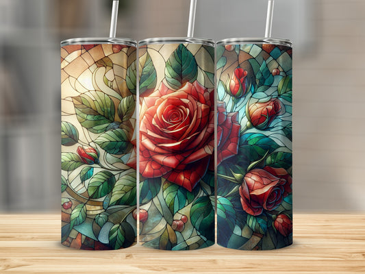 Three tumblers with stained glass roses and green leaves design.
