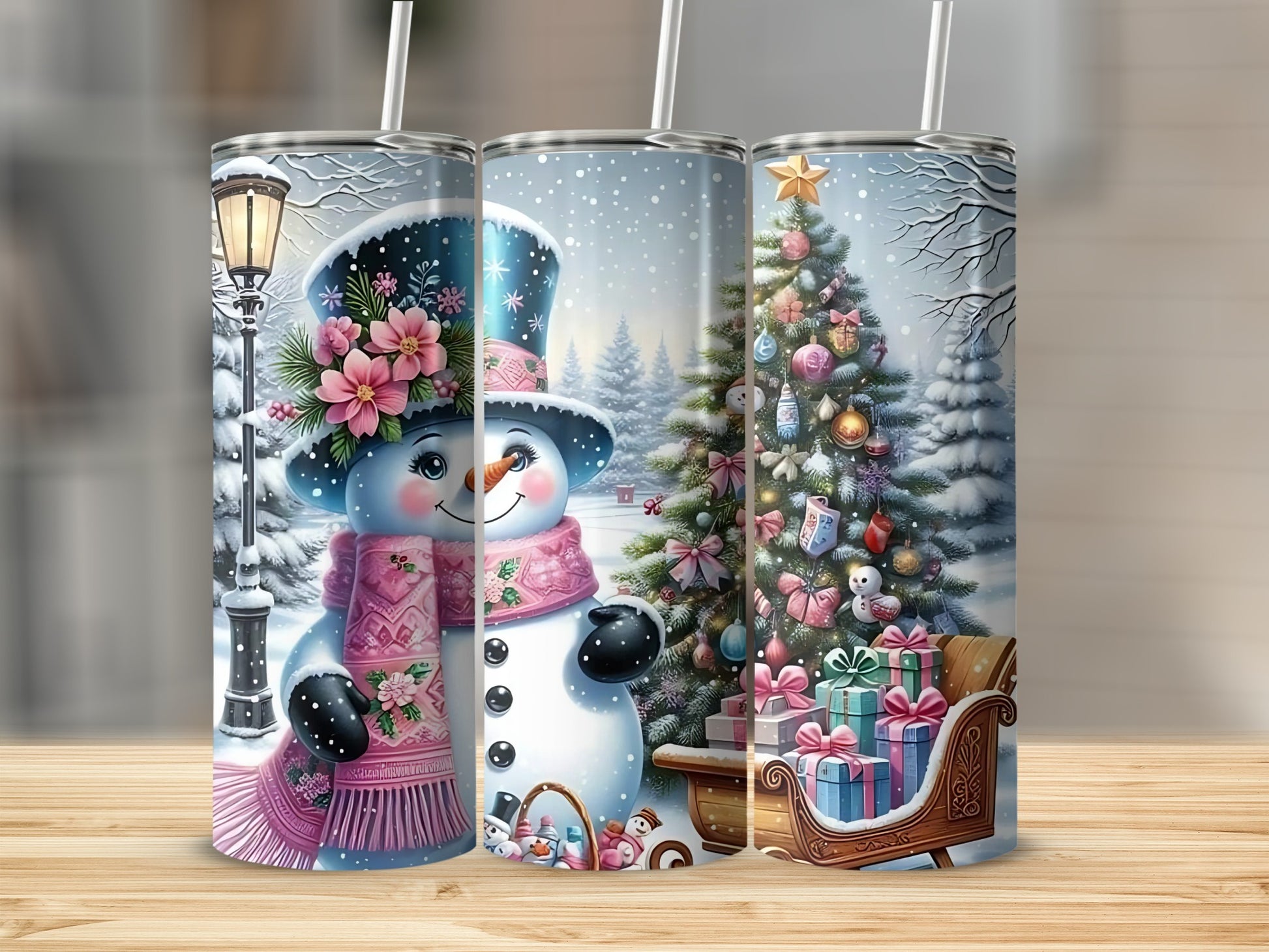 Snowman Christmas Tree Scene Insulated Tumbler Cup