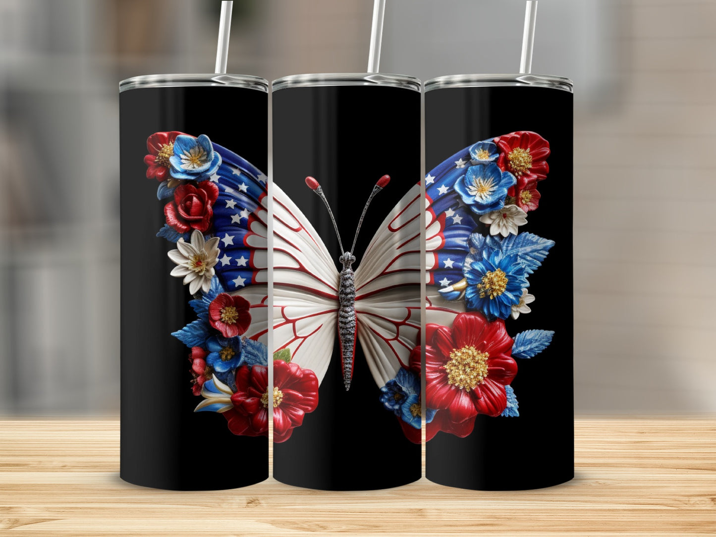 Black tumbler with patriotic butterfly design featuring red, white, and blue flowers.