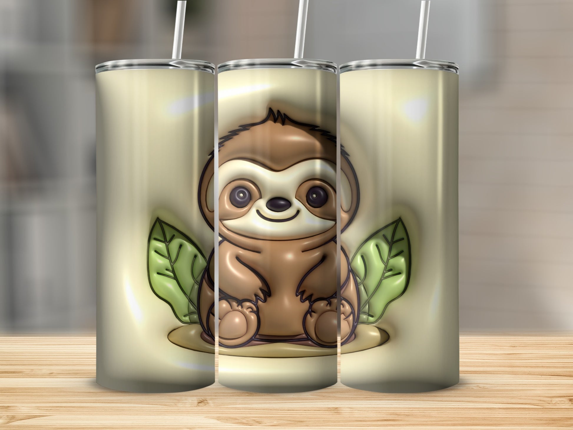 Cute Sloth Cartoon Green Leaves Cream Background product type