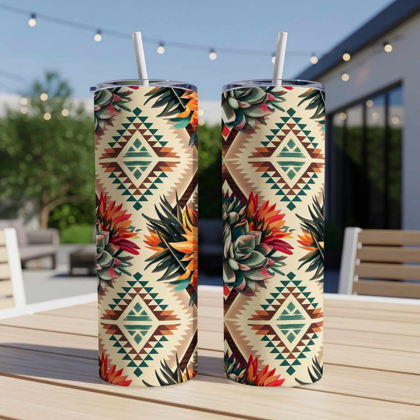 Two tall tumblers with a geometric southwestern succulent pattern.