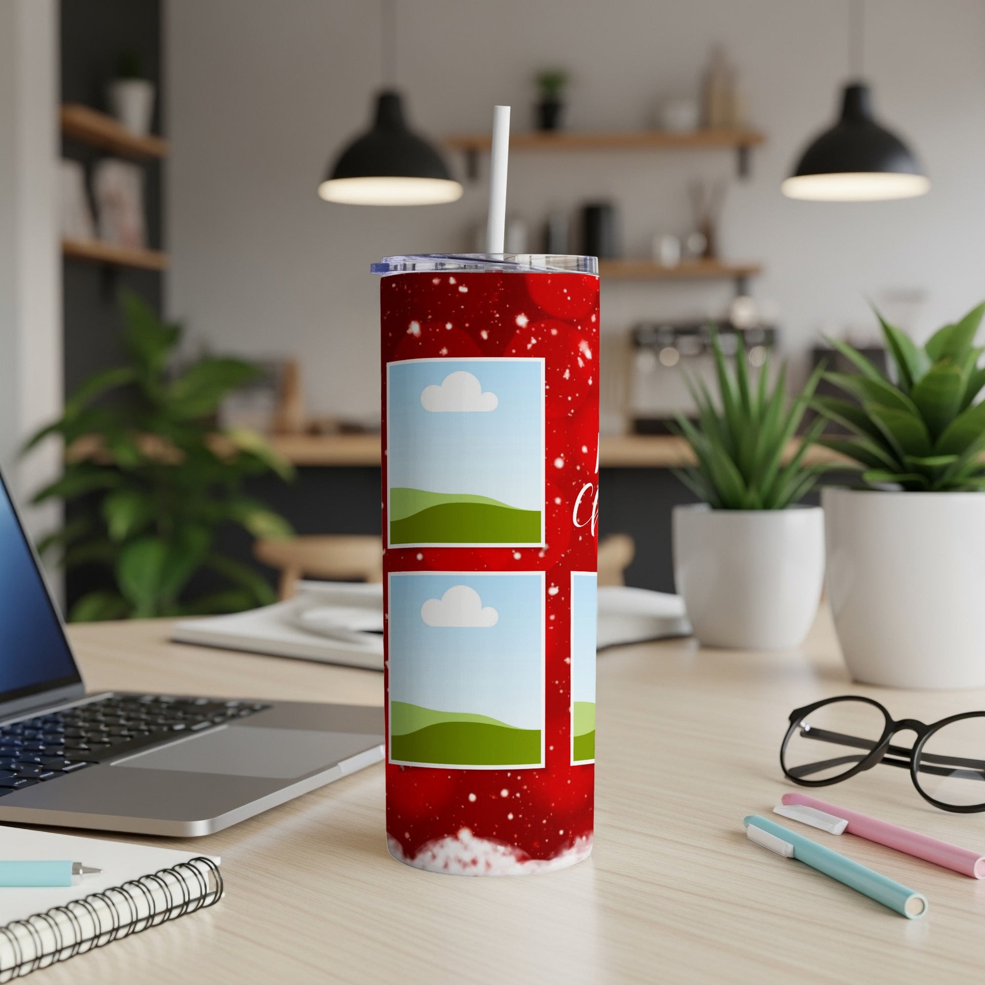 Red tumbler with white snowflakes and photo placeholders, a straw, and a lid.
