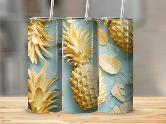Three gold pineapples and leaves on a teal background.