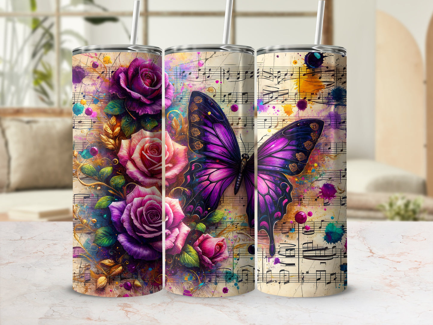 Vibrant Rose Butterfly Music Sheet Watercolor Tumbler product type