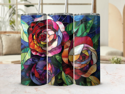 Three stained glass tumblers with colorful rose and leaf designs.