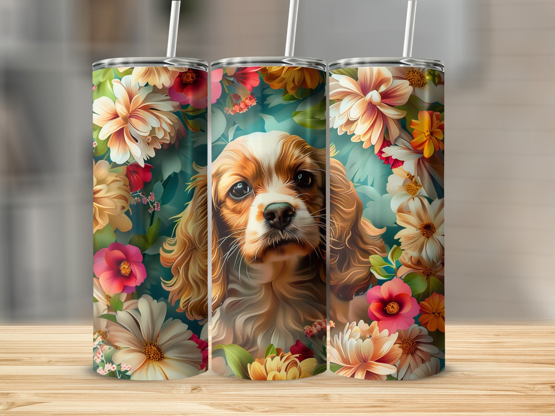 Three tumblers with a Cavalier King Charles Spaniel surrounded by flowers.