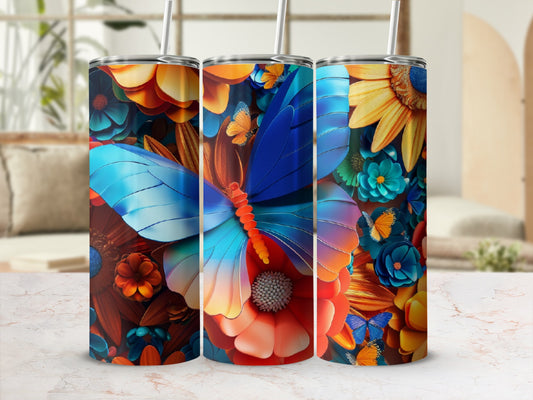 Blue butterfly and floral pattern on a white tumbler with straw.