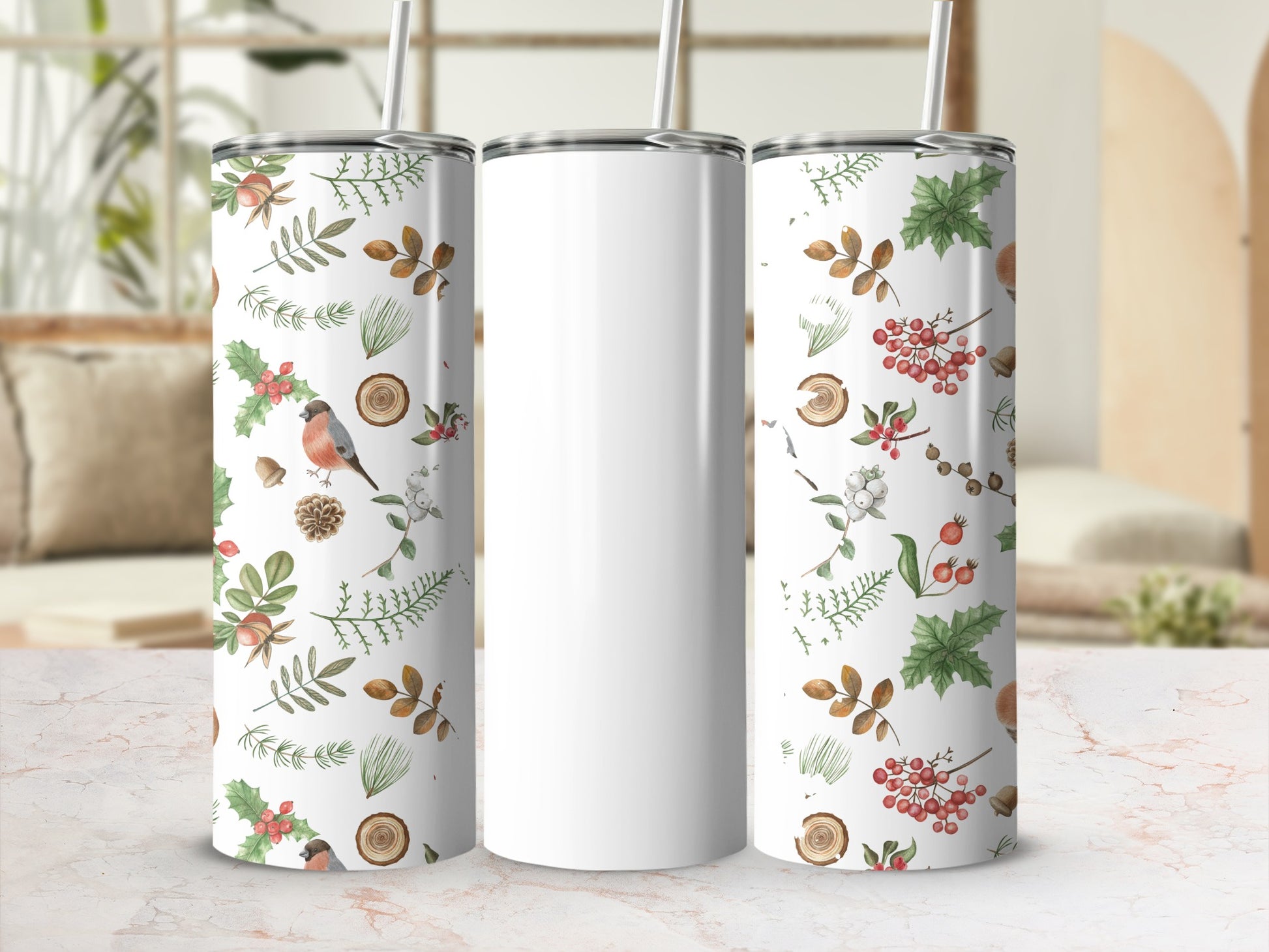 Nature Inspired Floral and Bird Design Drink Tumbler