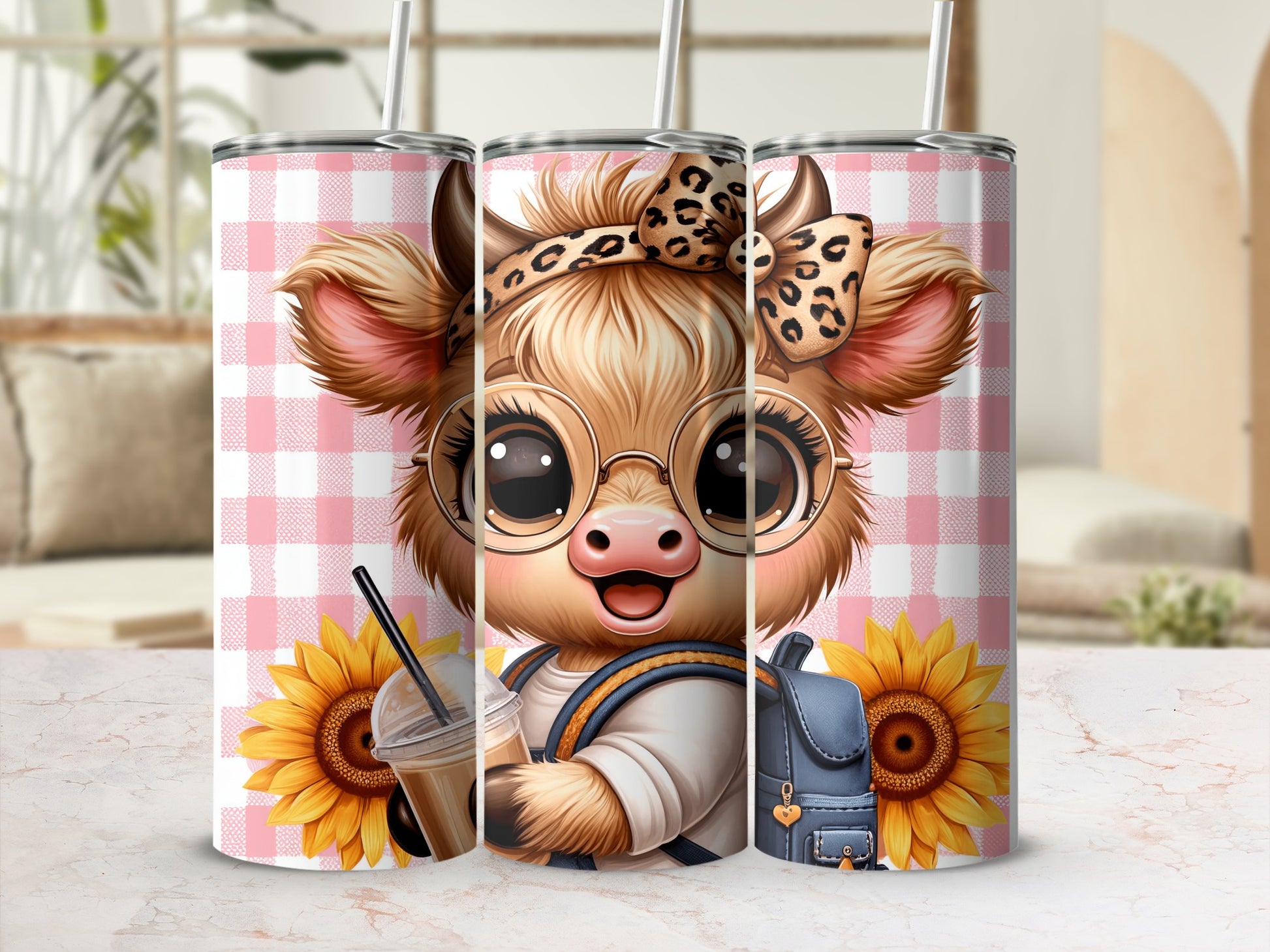 Cute cow character with sunflowers and a backpack, holding a drink.