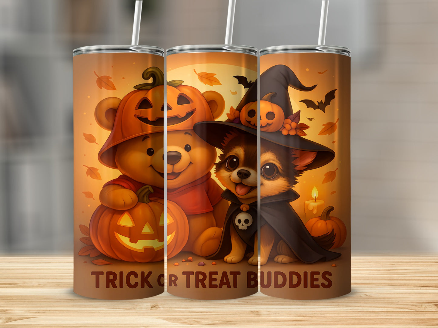 Halloween teddy bear and chihuahua in witch hat with pumpkins and bats.