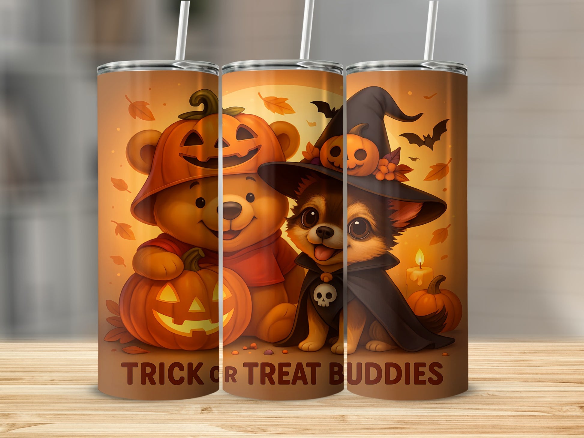Halloween teddy bear and chihuahua in witch hat with pumpkins and bats.