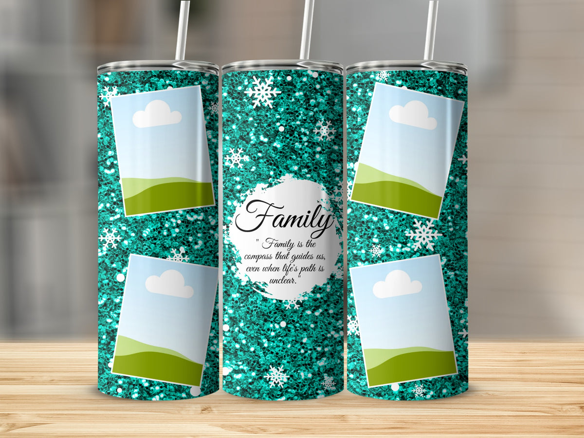 Teal glitter tumbler with snowflakes, photo frames, and "Family" quote.