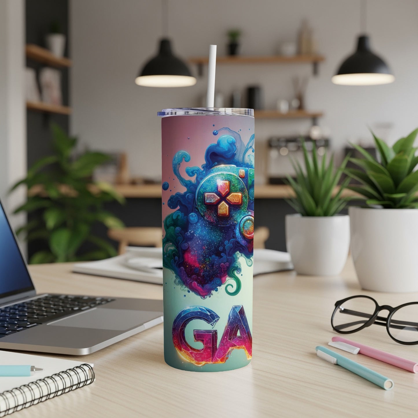 Gamer's tumbler with colorful controller and "GA" text.