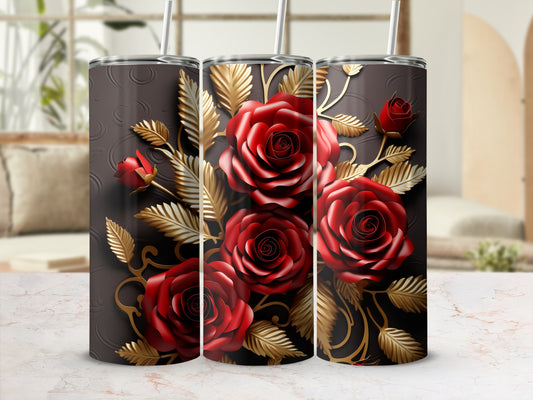Tumbler with dark background and three large red roses with gold leaves.