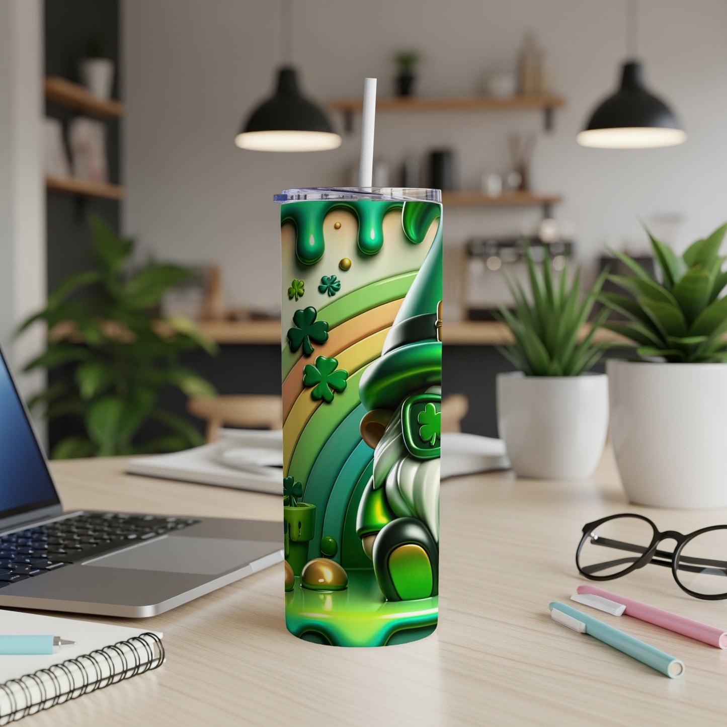 Leprechaun with rainbow and shamrocks on a green tumbler.