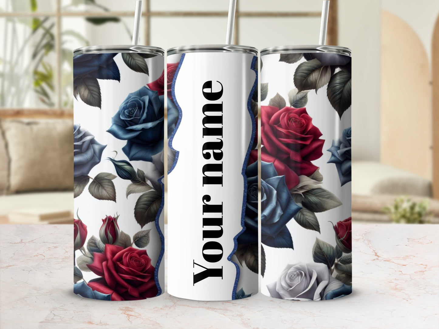 Personalized Floral Roses Design Tumbler with Custom Text
