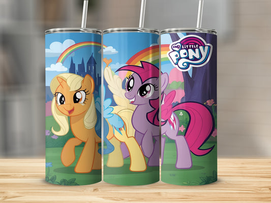 My Little Pony characters Applejack, Rainbow Dash, and Pinkie Pie on a tumbler.
