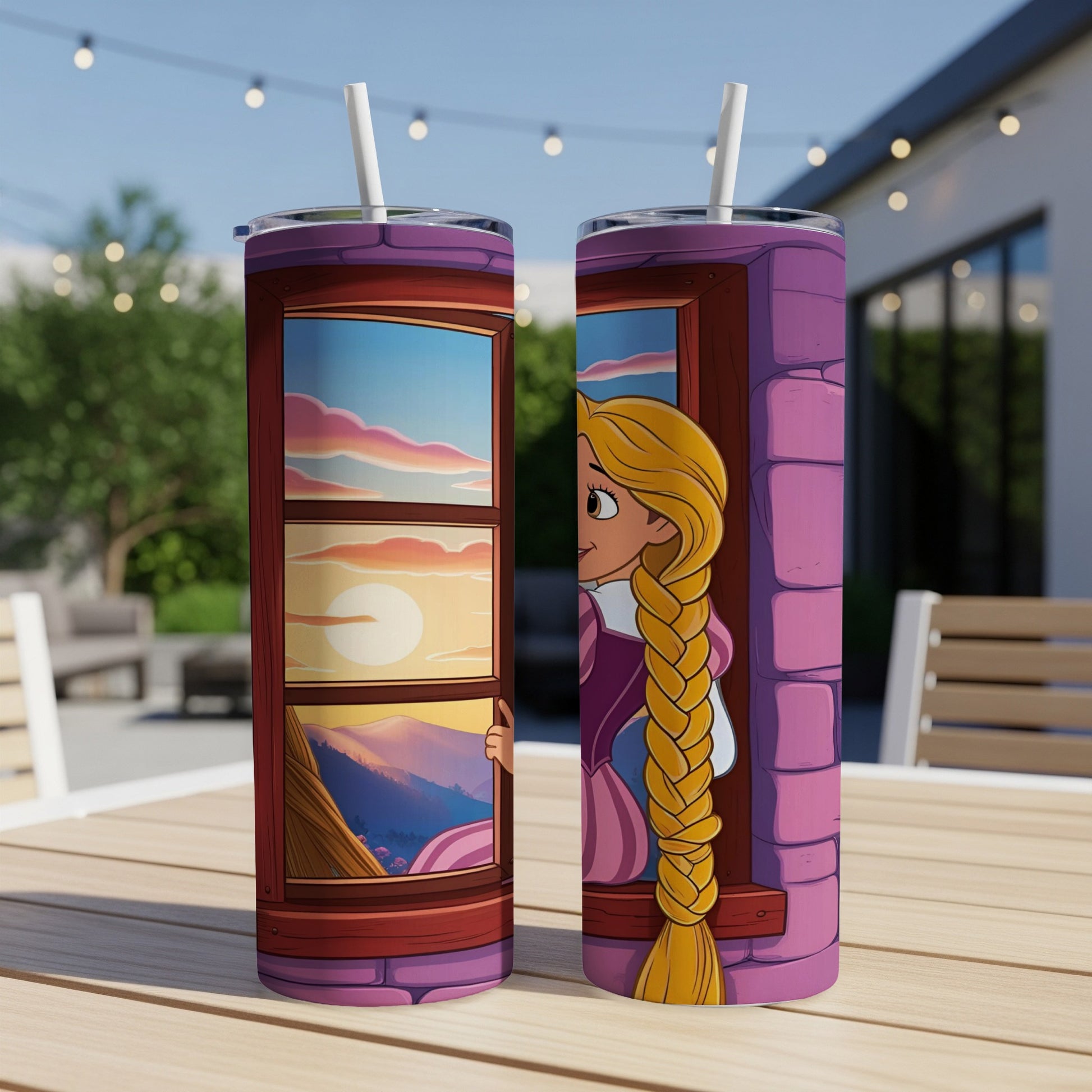 Rapunzel peeks from a castle window at a sunset.