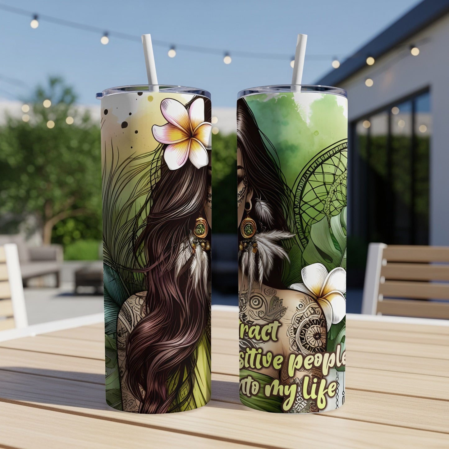 Tumbler with floral and dreamcatcher designs, featuring text "attract positive people into my life".
