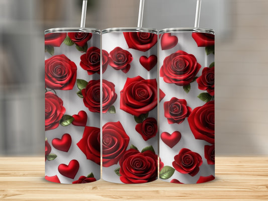 Three tumblers with red roses and hearts pattern.