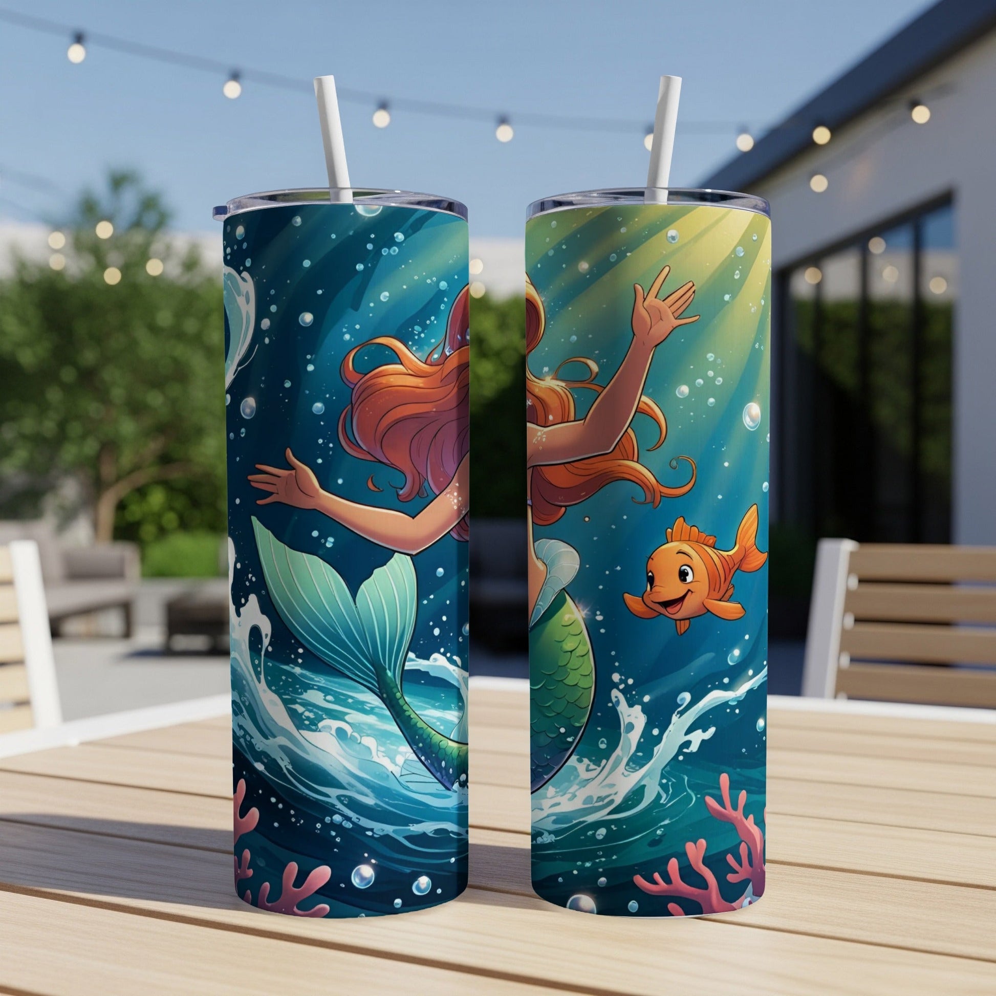 Mermaid with a fish and bubbles on a blue, wavy tumbler.
