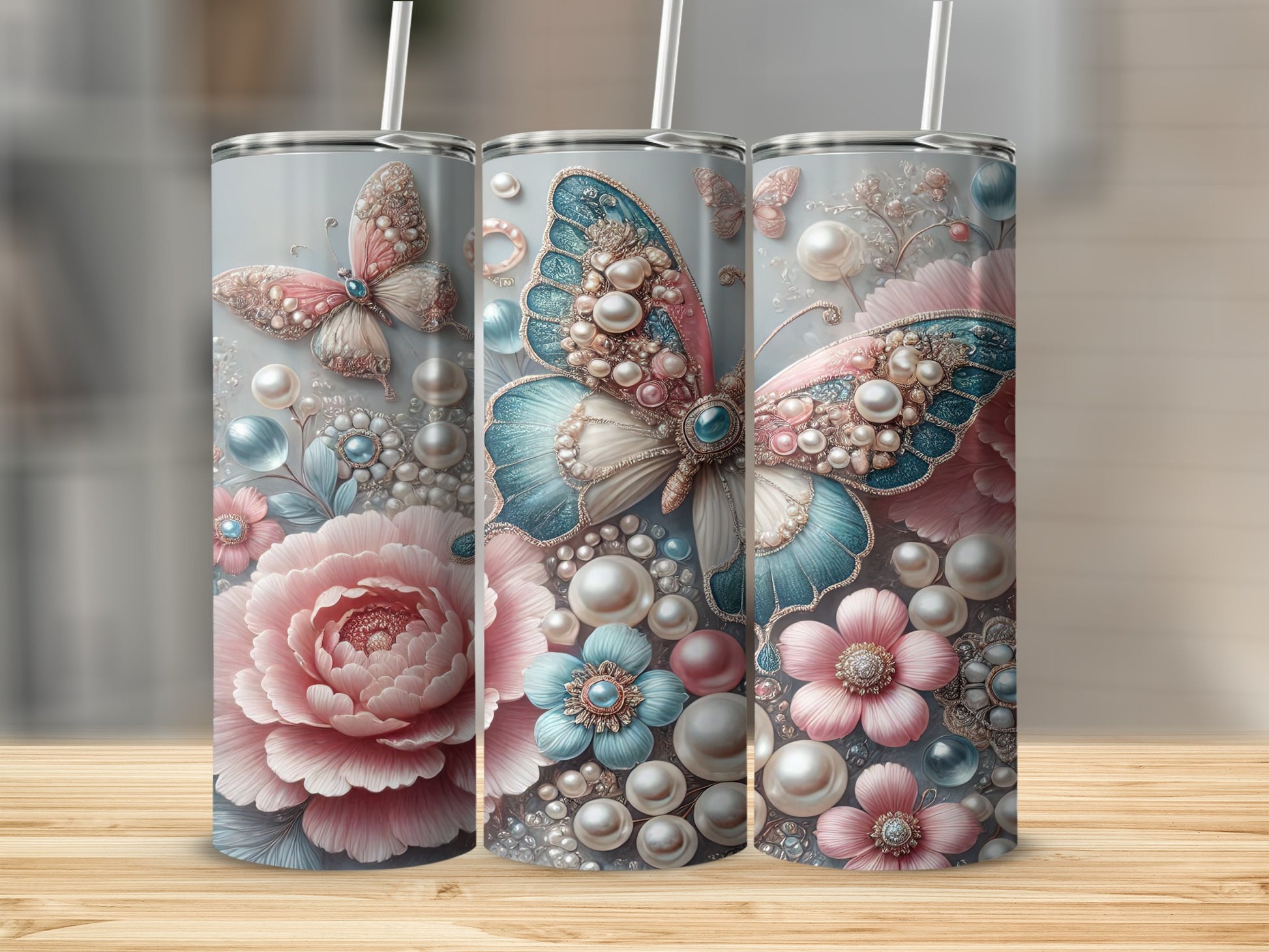 Bejeweled Butterfly Floral Pearl Decor Tumbler product type