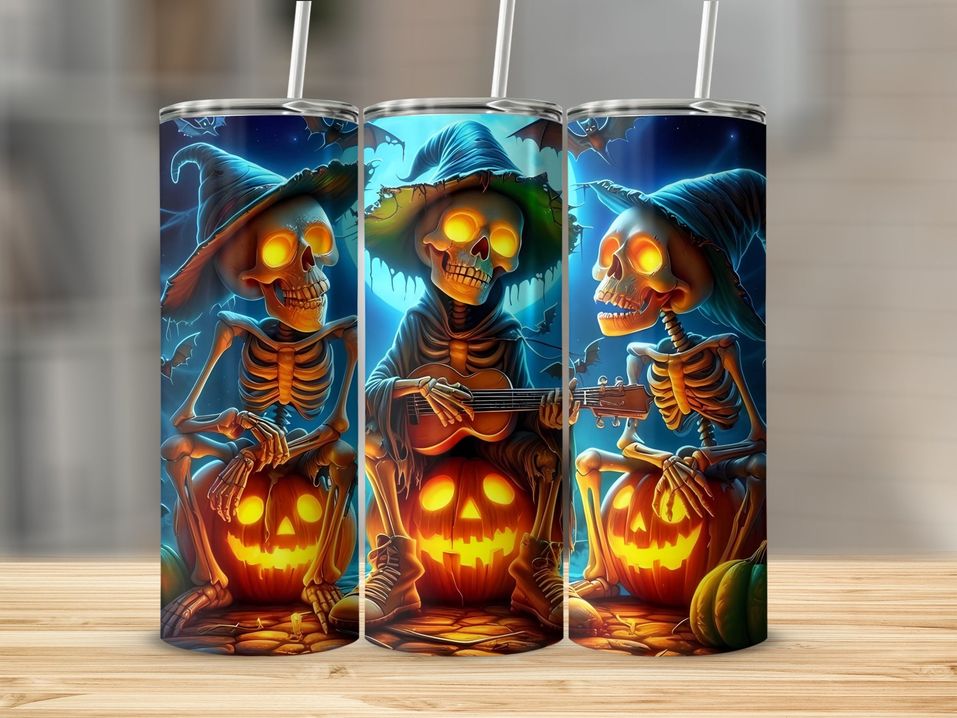 Three Halloween-themed tumblers show skeletons playing guitar on pumpkins under a moonlit sky.