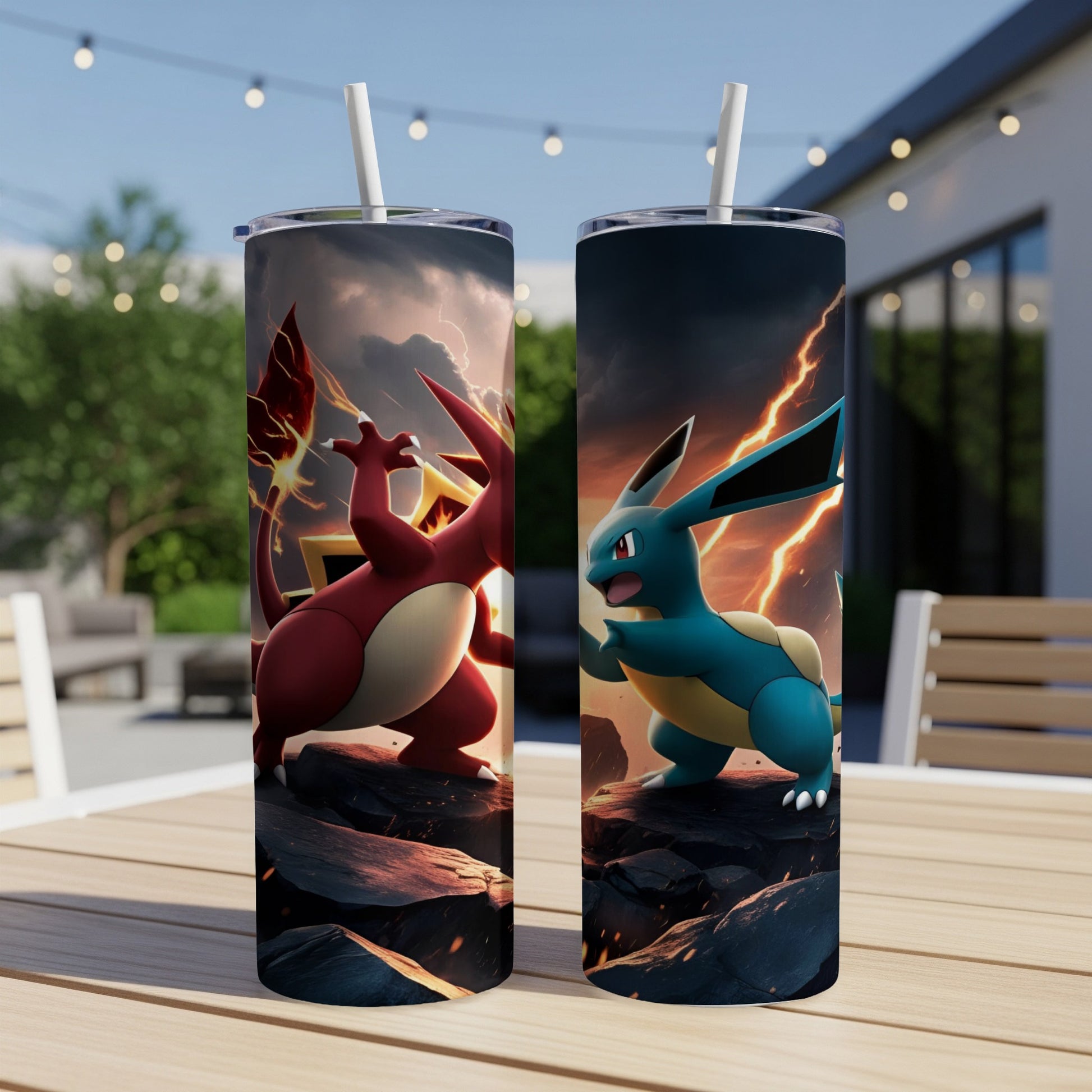 Charizard and Totodile battling with fiery and watery attacks.