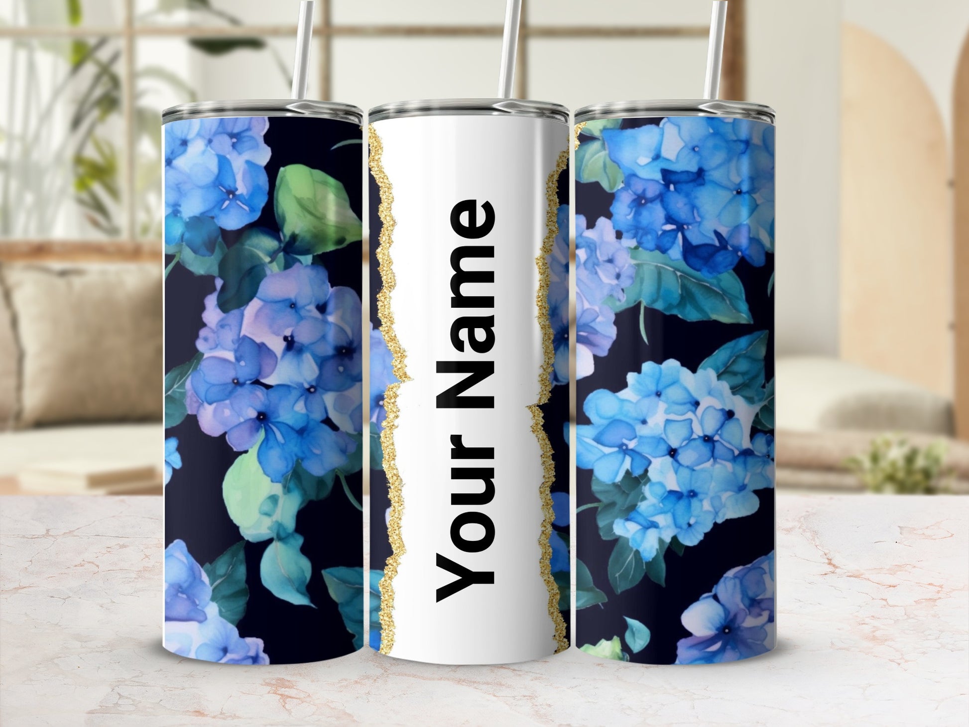 Personalized Floral Design Tumbler Cup with Straw