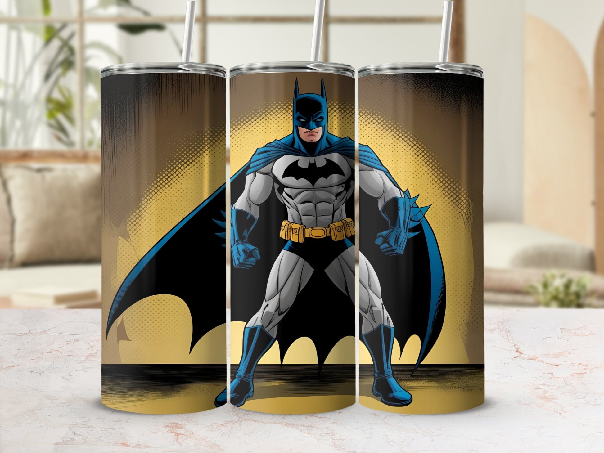 Batman standing heroically against a yellow and brown textured background.