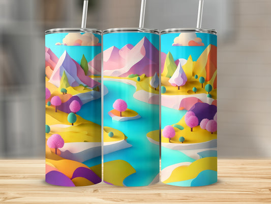 Three tumblers displaying a colorful cartoon landscape with mountains, trees, and a river.