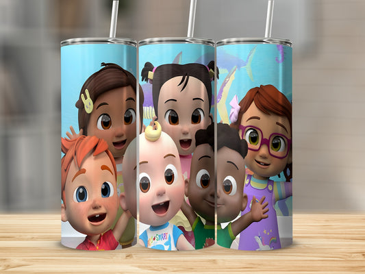Cocomelon characters on a tumbler with straw.