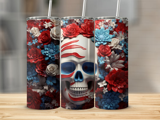 Skull with patriotic floral pattern, red, white, and blue flowers, wooden background.