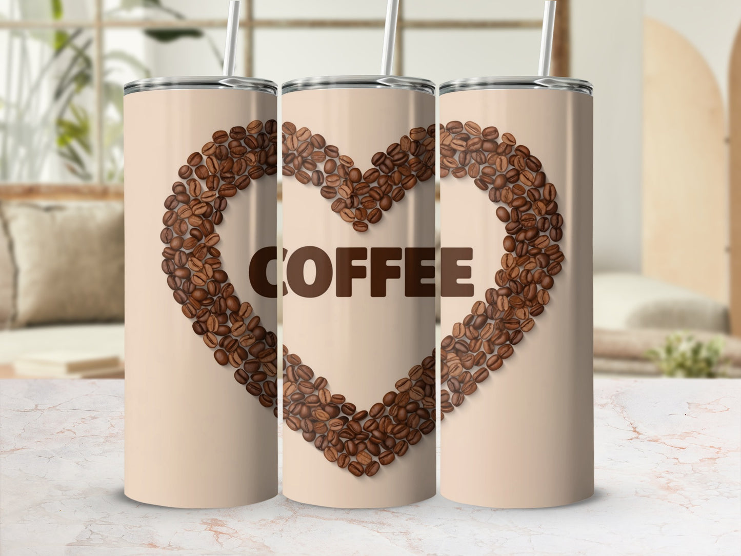 Three tan tumblers forming a heart shape with coffee beans, the word "COFFEE" in brown.