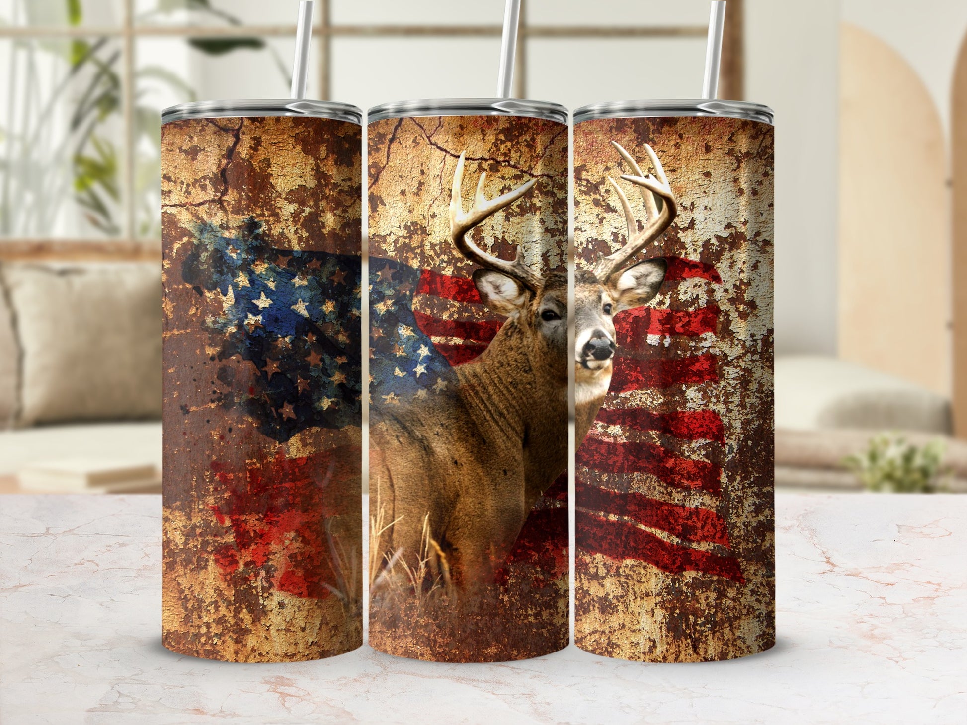 Tumbler with distressed American flag and deer.