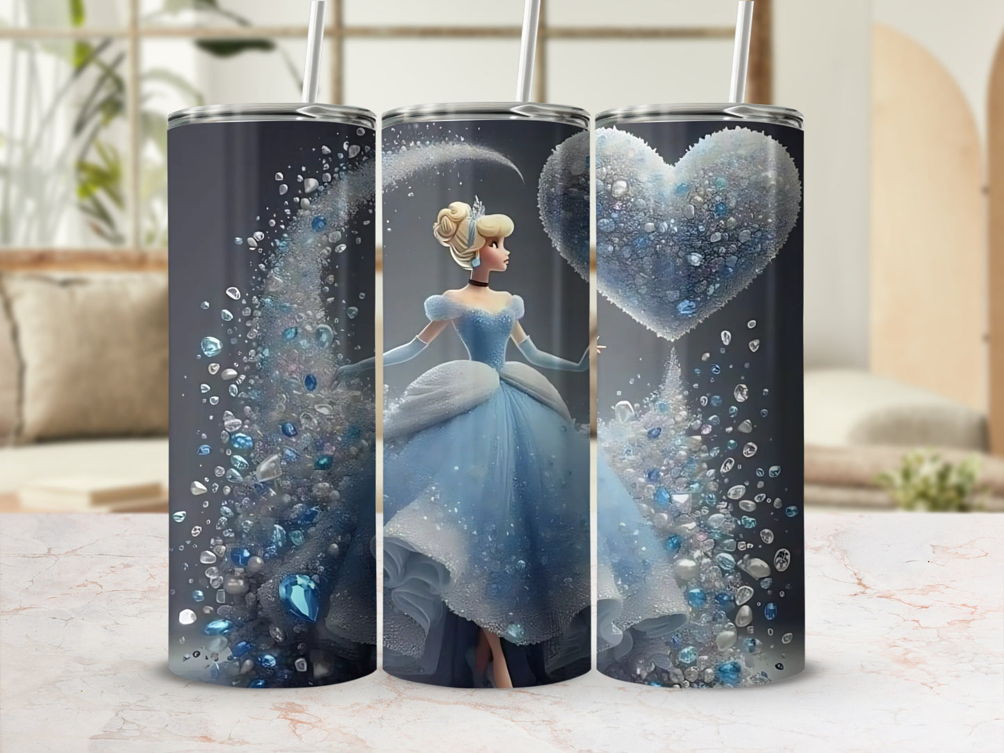 Elegant Princess Tumbler with Magical Blue Heart Design