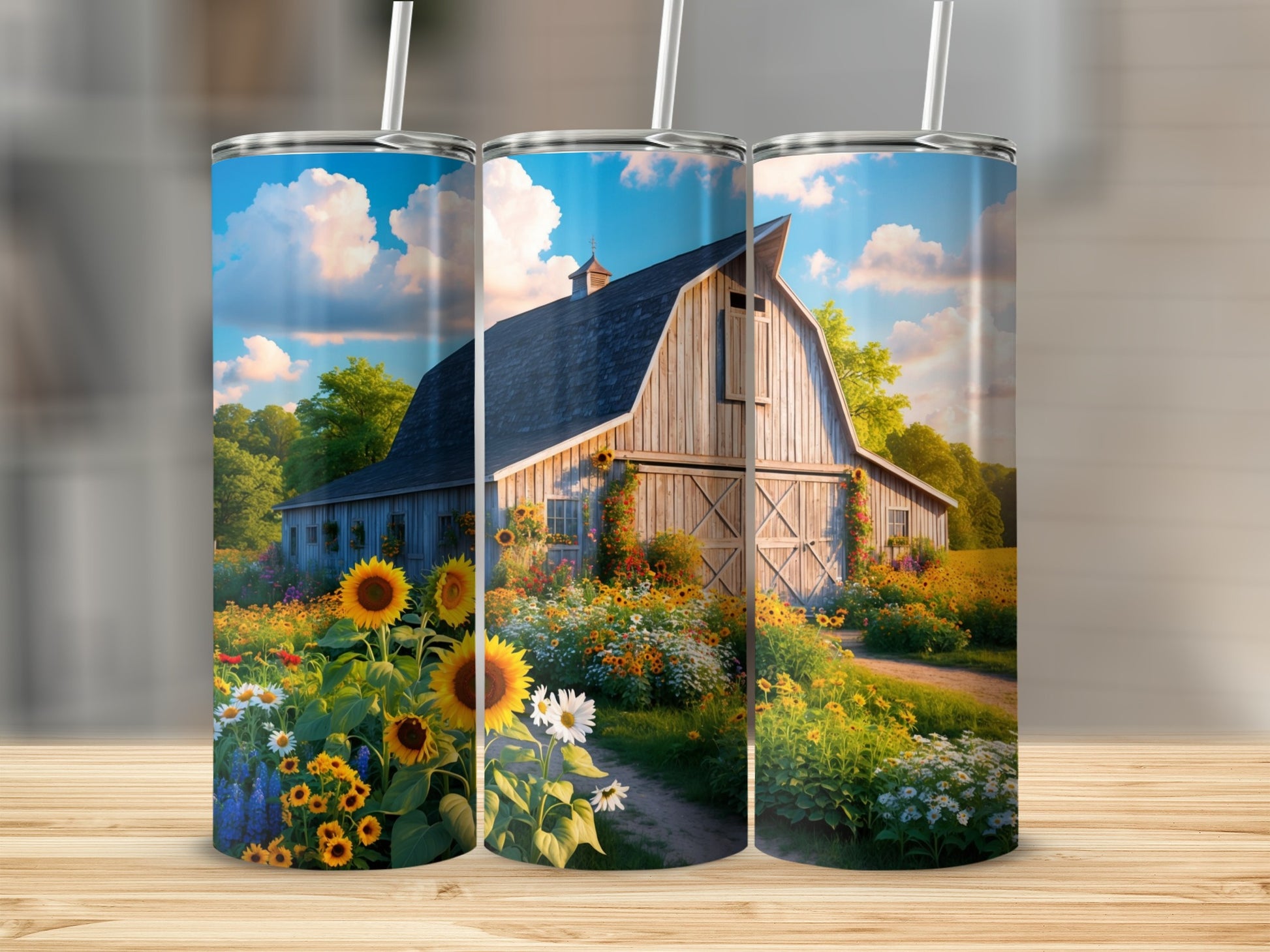 Barn and sunflowers on a wooded path under a bright sky.