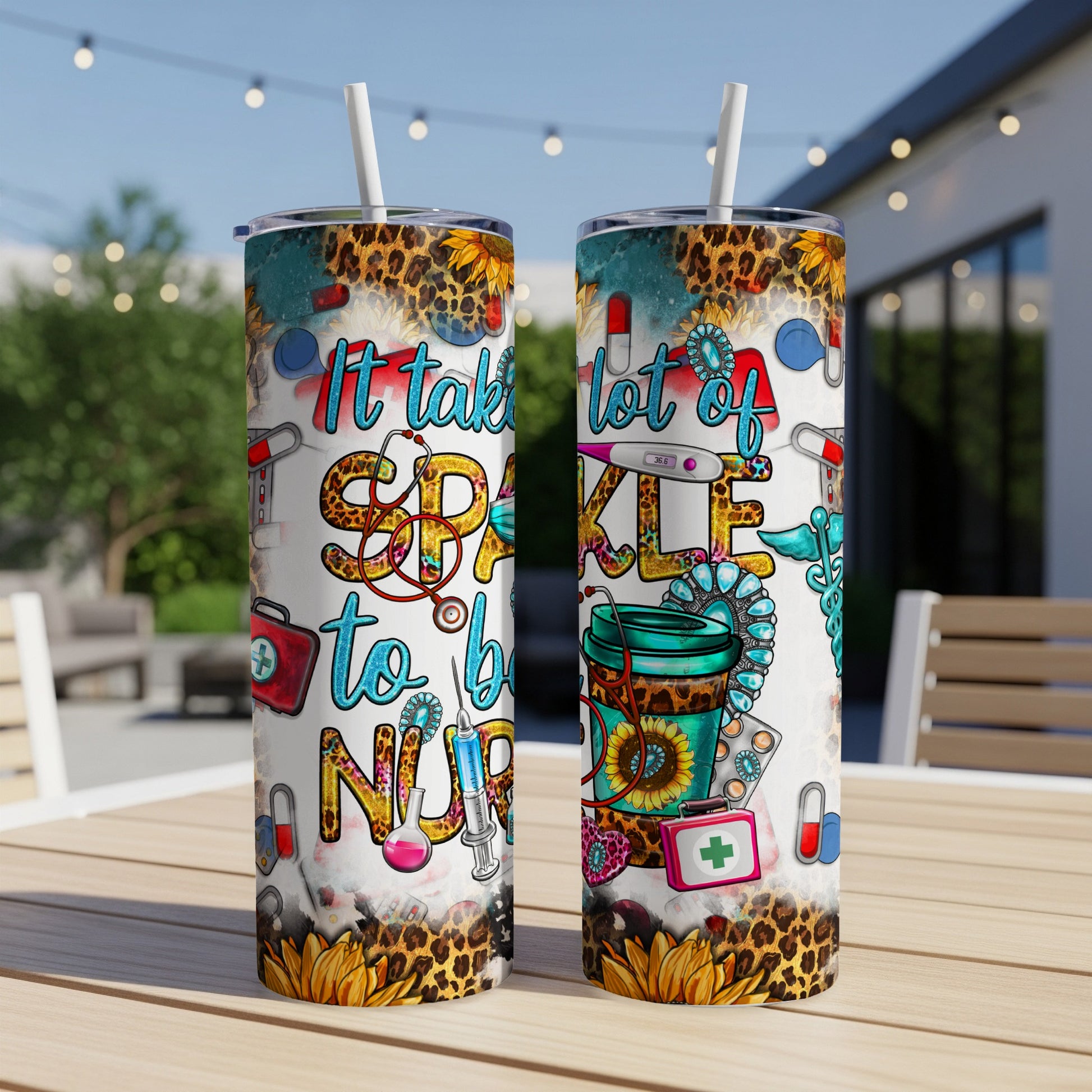 Two tumblers with leopard print, sunflowers, and nurse-themed graphics.