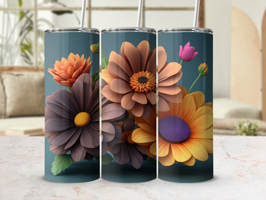 Three tumblers featuring large floral designs in muted purple, orange, and yellow.