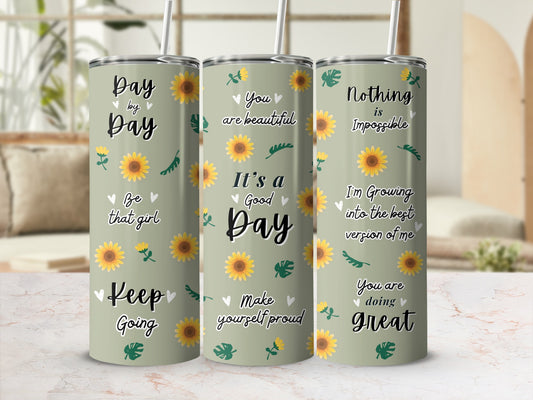 Three mint green tumblers with floral and inspirational text designs.