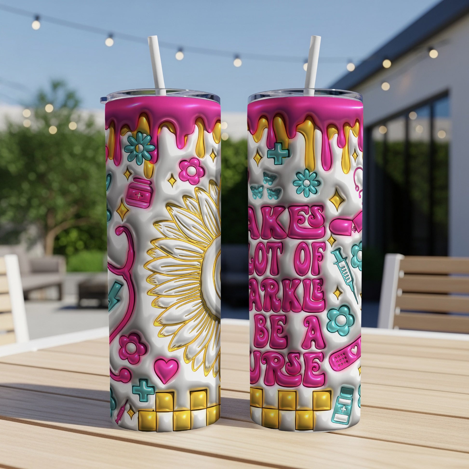 Two nurse-themed tumblers with sunflower and medical symbols.