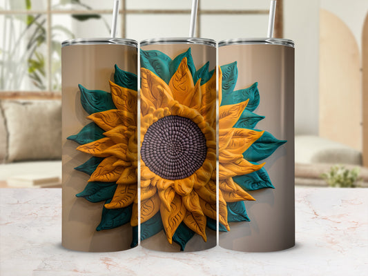 Three tumblers featuring a raised sunflower design with green leaves.