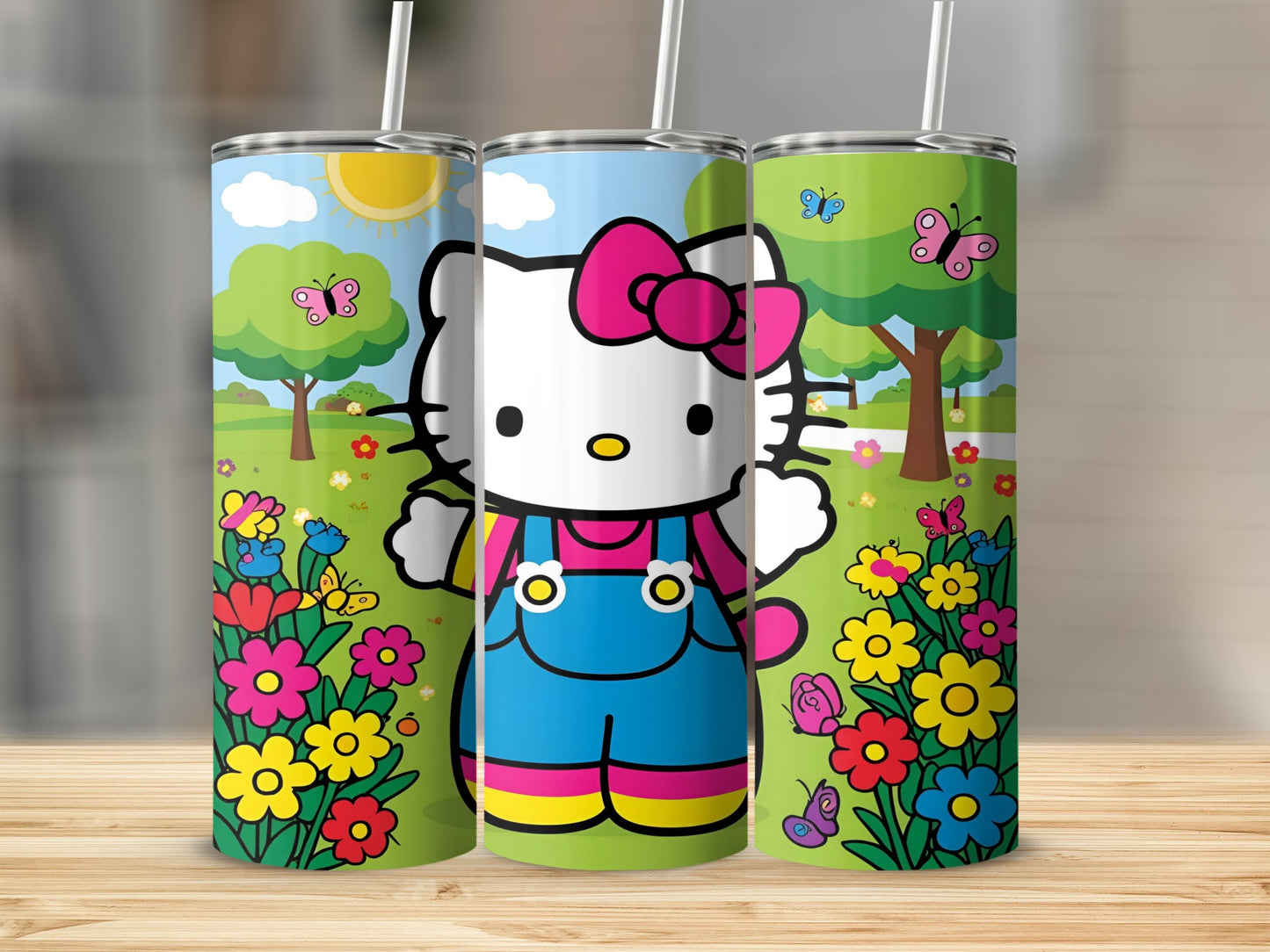 Hello Kitty in overalls in a garden scene with butterflies and flowers.