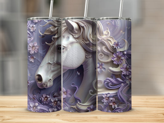 Purple floral tumbler with a white horse head design.