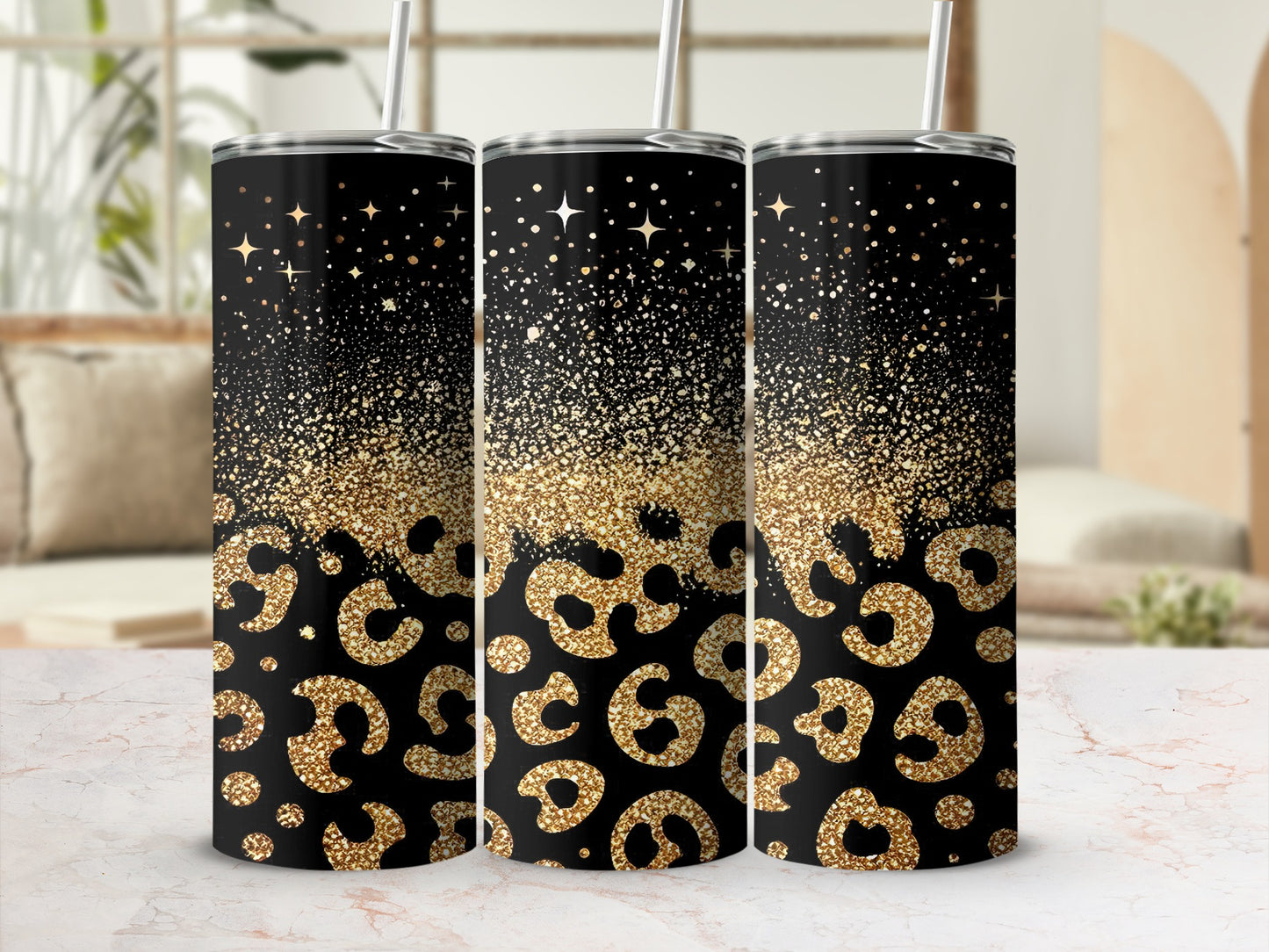 Black tumbler with gold leopard print and glitter, standing in a display.