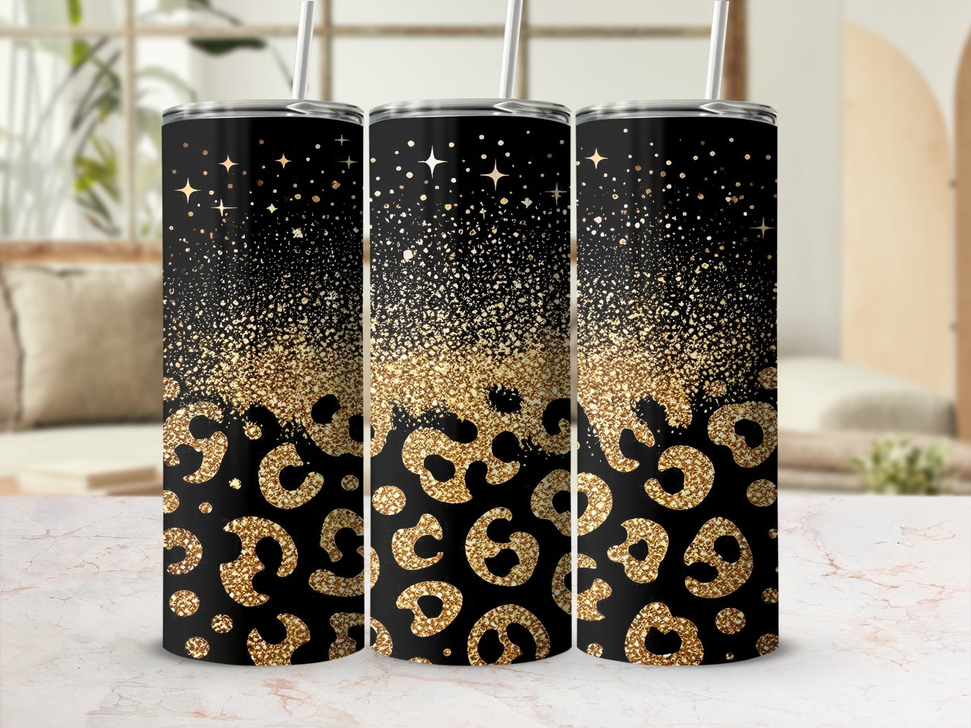 Black tumbler with gold leopard print and glitter, standing in a display.
