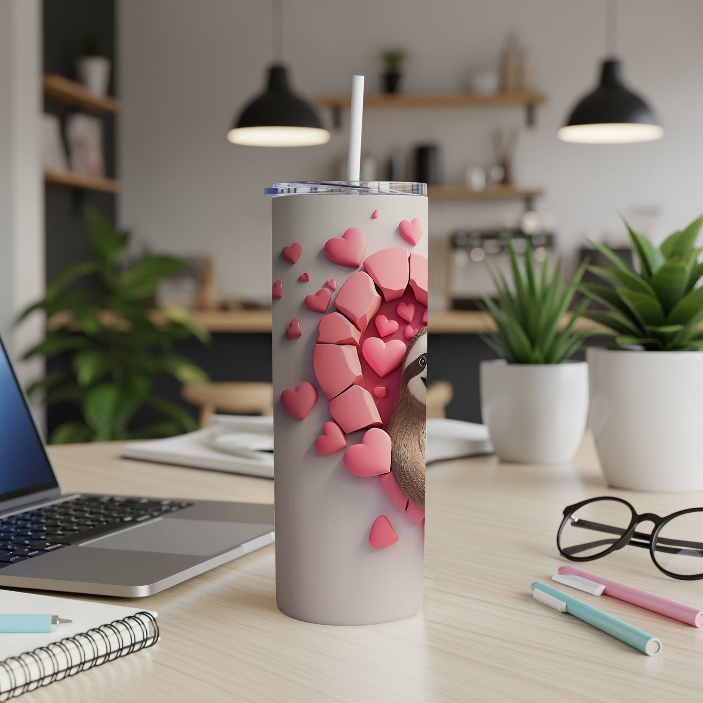 Sloth peeking through pink hearts on a white tumbler with straw.
