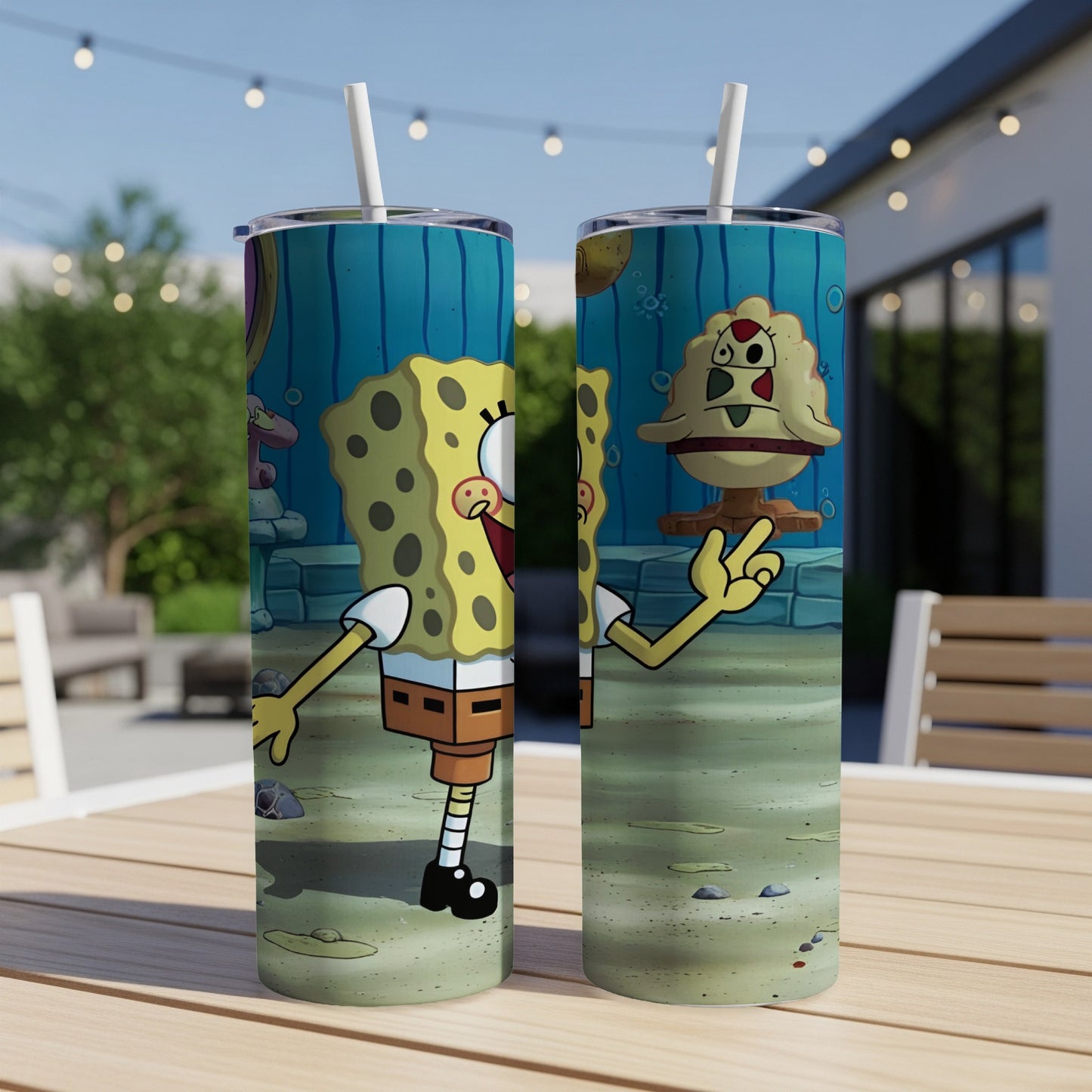 SpongeBob SquarePants holding a Krabby Patty on a tumbler cup.