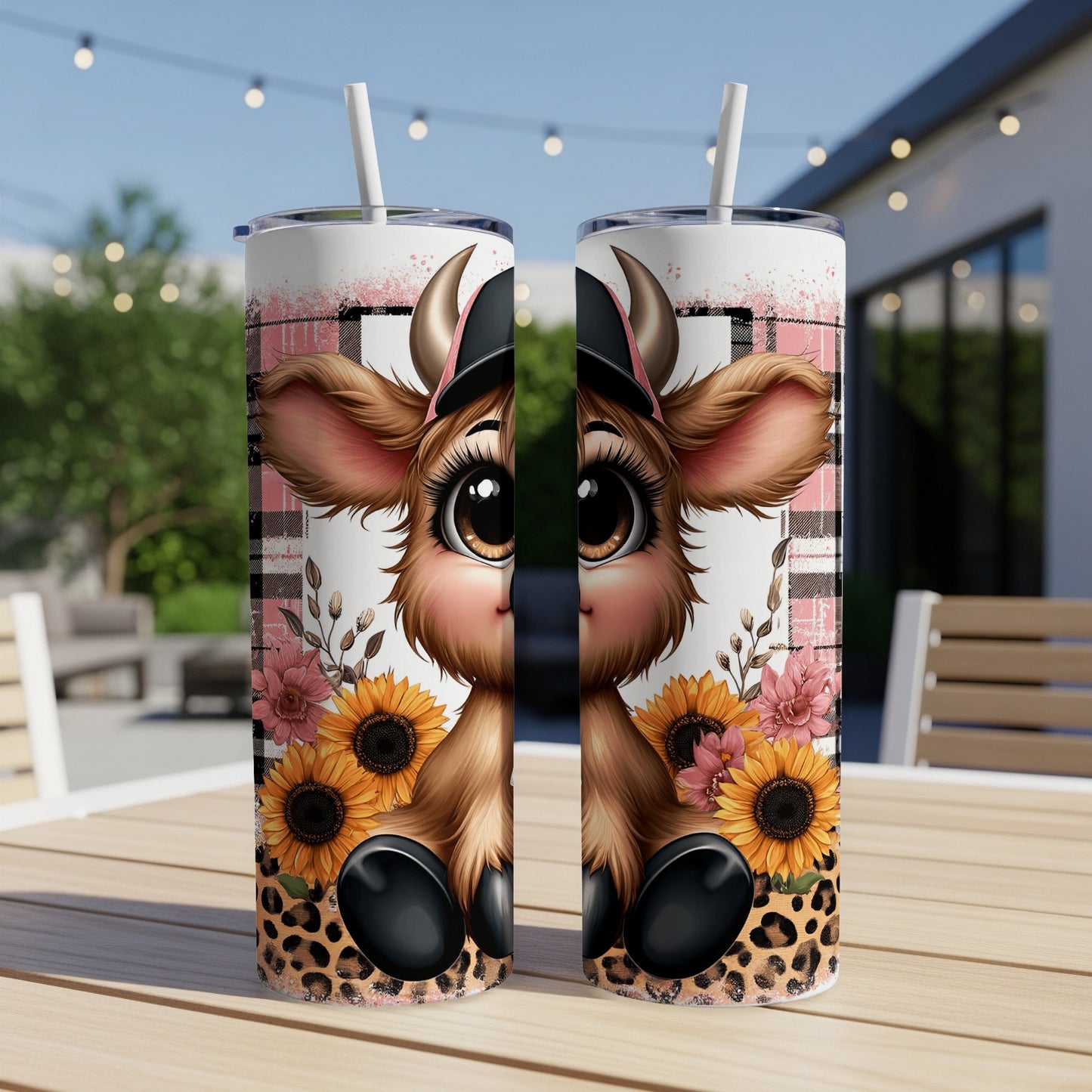 Two identical tumblers with cartoon cow and sunflowers, outdoors.