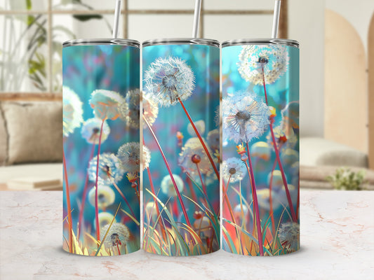 Three tumblers with a close-up of dandelions and grass.